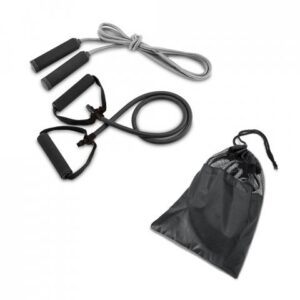 Kit fitness composto por elástico e corda de pular e saquinho