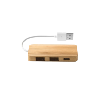 Hub em bambu com 2 portas USB-A e 1 porta USB-C