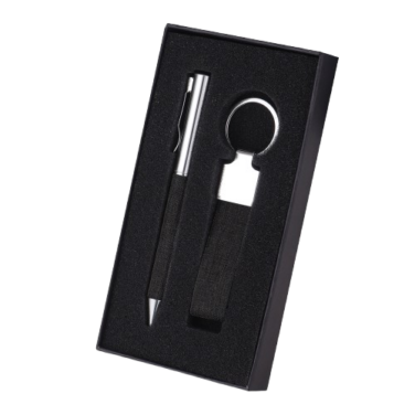 Kit caneta e chaveiro em metal com detalhe em rpet